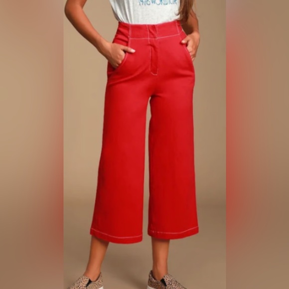ASTR The Label Pants - ASTR The Label Nixon Cropped Wide Leg Scarlet Red Denim Pant Womans SZ Med